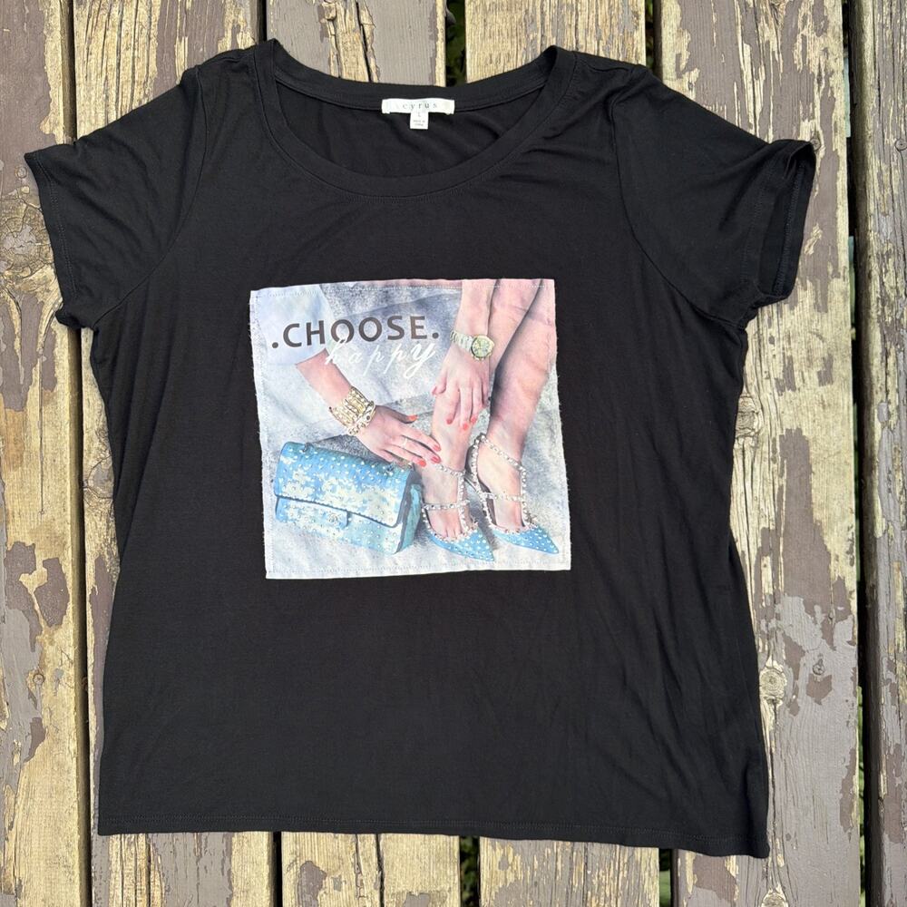Cyrus Sz L Black Rhinestone Graphic Tee Choose Happy Y2K McBling Bling Glam Top